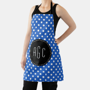 Delantal Puntos de polka azul y blanco con monograma negro