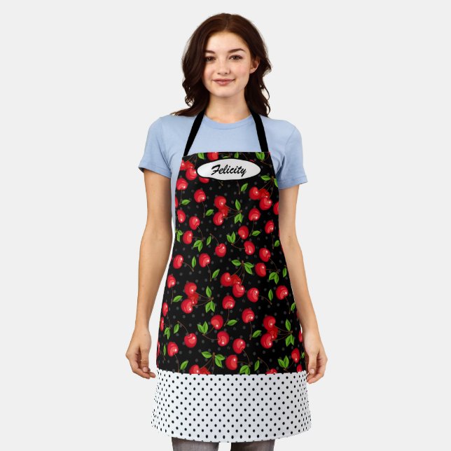 Delantal Puntos de Polka Rockabilly y cerezas rojas persona (Gastado)