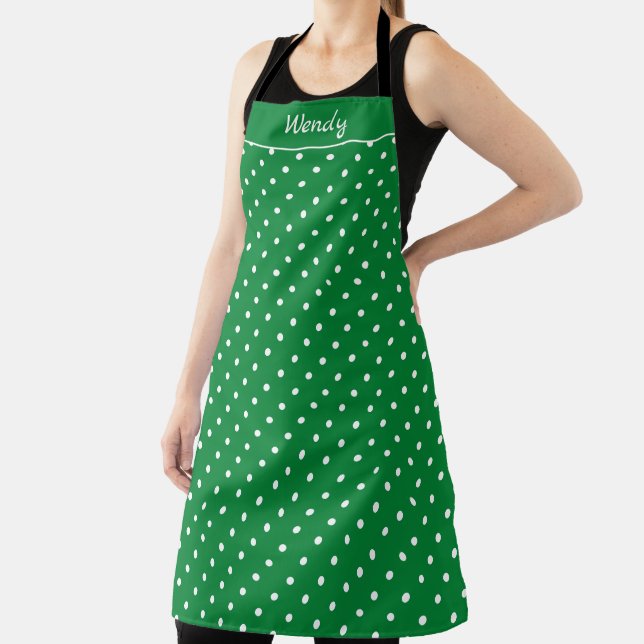 Delantal Puntos de polka verde y blanco con nombre (in situ)