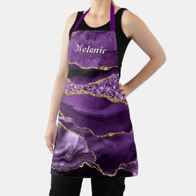 Delantal Purple Gold Glitter Apron Personalized Your Name (in situ)