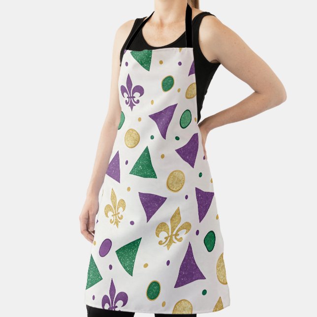 DELANTAL PURPLE GREEN YELLOW MARDI GRAS SHAPES (in situ)