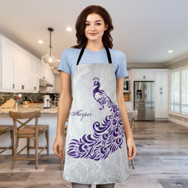 Delantal Purple Peacock Personaliza Print Apron (Purple Peacock Personalized Apron)