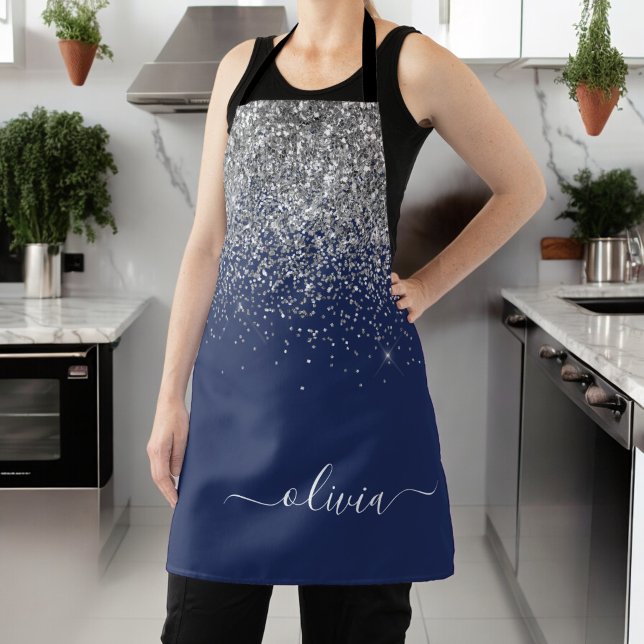 Delantal Purpurina azul de la Marina Plata Monograma Girly (Subido por el creador)