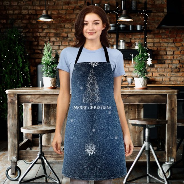Delantal Purpurina de árbol de Navidad y copos de nieve | A (Blue Christmas Tree Glitter and Snowflakes Apron)