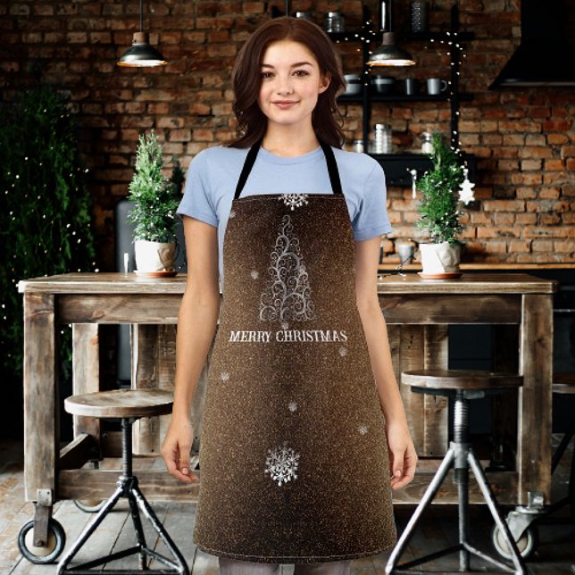 Delantal Purpurina de árbol de Navidad y copos de nieve | O (Gold Christmas Tree Glitter and Snowflakes Apron)