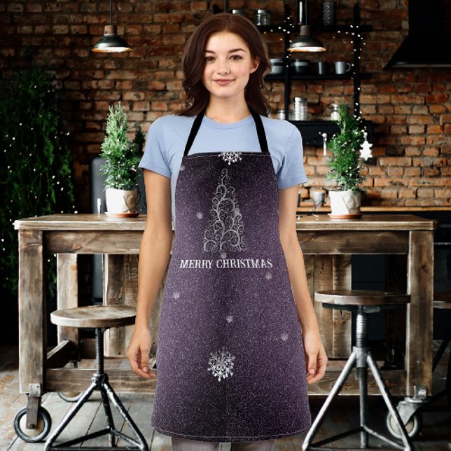 Delantal Purpurina de árbol de Navidad y copos de nieve | P (Purple Christmas Tree Glitter and Snowflakes Apron)