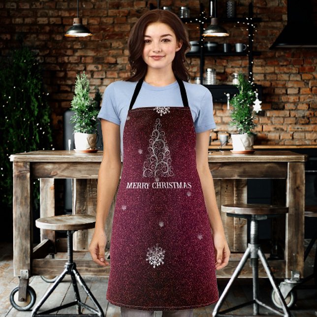 Delantal Purpurina de árbol de Navidad y copos de nieve | R (Red Christmas Tree Glitter and Snowflakes Apron)