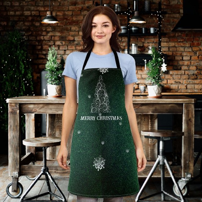 Delantal Purpurina de árbol de Navidad y copos de nieve | V (Green Christmas Tree Glitter and Snowflakes Apron)