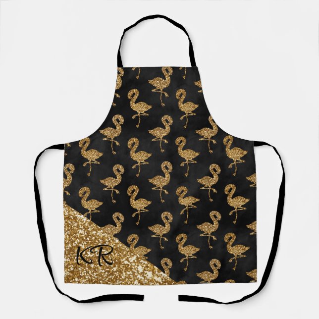 Delantal Purpurina de oro elegante Patrón Flamingo Monogram (Anverso)