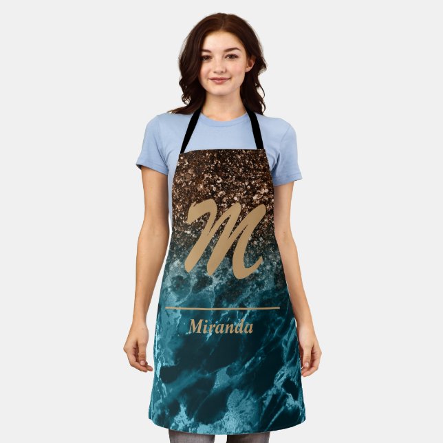 Delantal purpurina verde azulado de mármol azul Monograma p (Gastado)