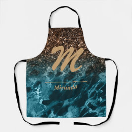 Delantal purpurina verde azulado de mármol azul Monograma p