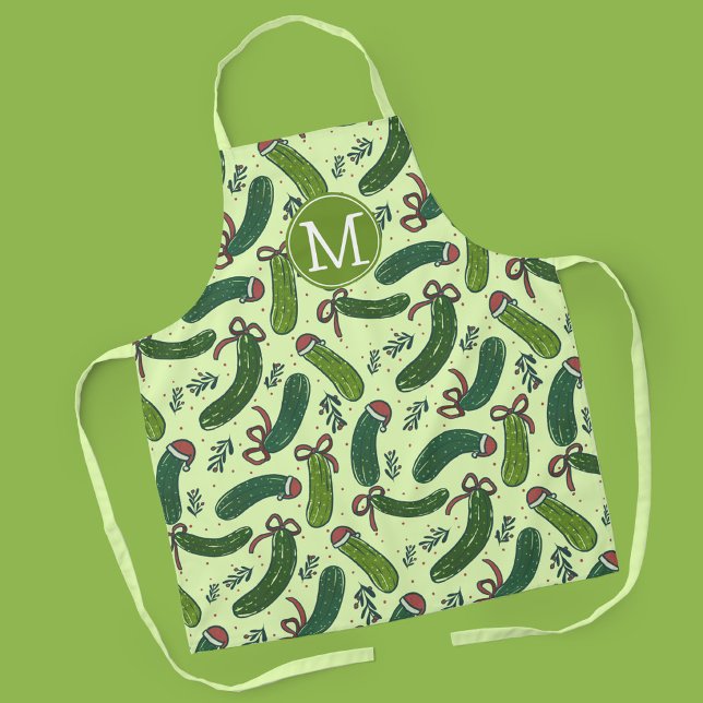 Delantal Quirky Navidades festivos modelo de picaduras (Quirky Festive Christmas Pickle Pattern with custom monogram)