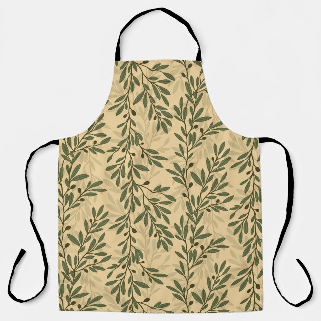 Delantal Rama de olivo verde patrón mediterráneo (Anverso)
