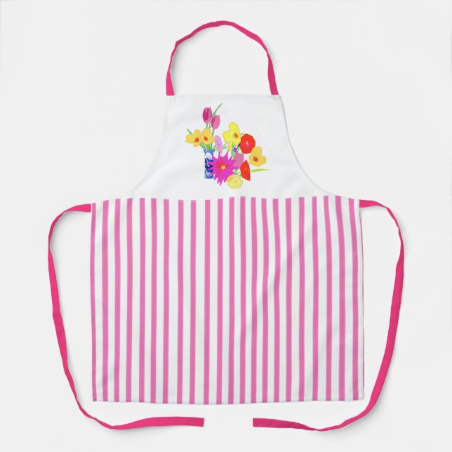 Delantal Ramo Floral de Rayas de Caramelo Rosa (Anverso)