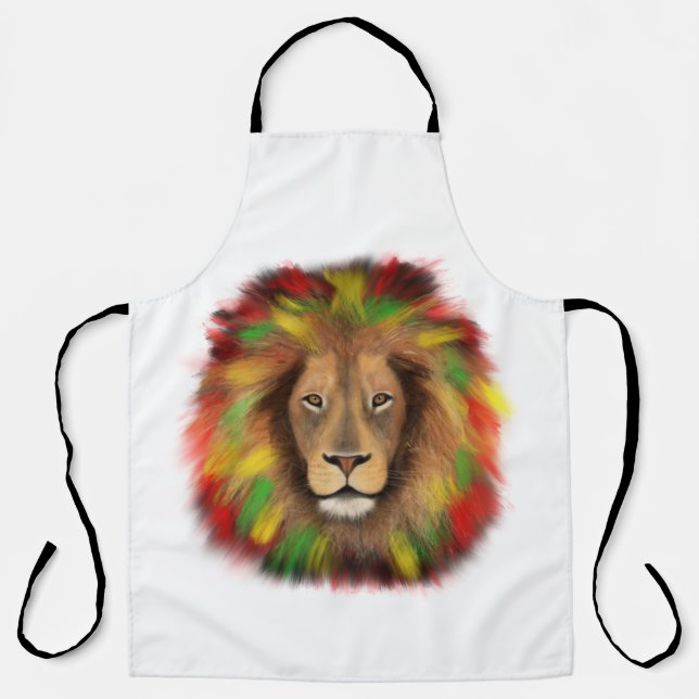 Delantal Rasta cabeza de león rojo dibujo verde amarillo Ja (Anverso)