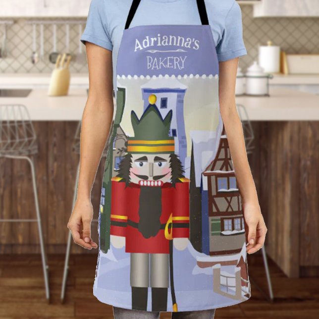 Delantal Rastreador de nueces, azul personalizado bávaro al (Blue Christmas apron, personalized bakery gift, kitchen apron with name and red nutcracker)