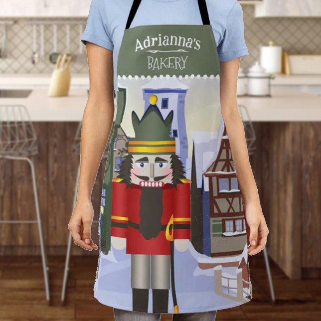 Delantal Rastreador de nueces, verde personalizado bávaro a (Green Christmas apron, personalized bakery gift, kitchen apron with name and red nutcracker)