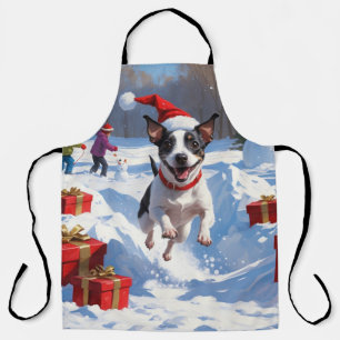 Delantal Rat Terrier corriendo en la nieve con sombrero de