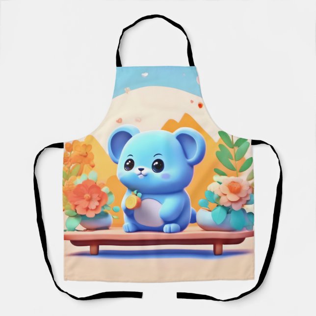 Delantal Ratón azul lindo con flores (Anverso)