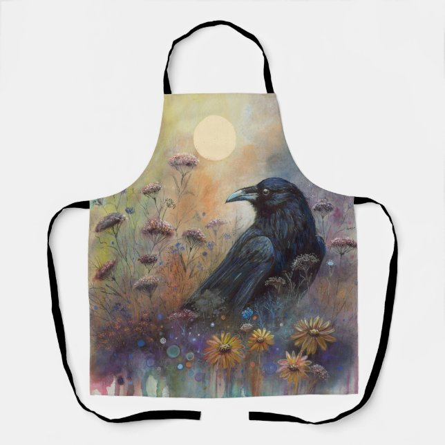 Delantal Raven pintado a mano con flores silvestres (Anverso)
