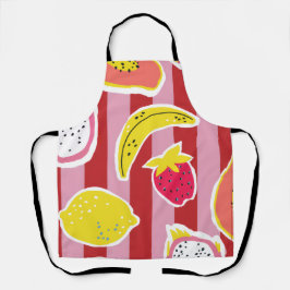 Delantal rayas rojas y rosadas con frutas tropicales