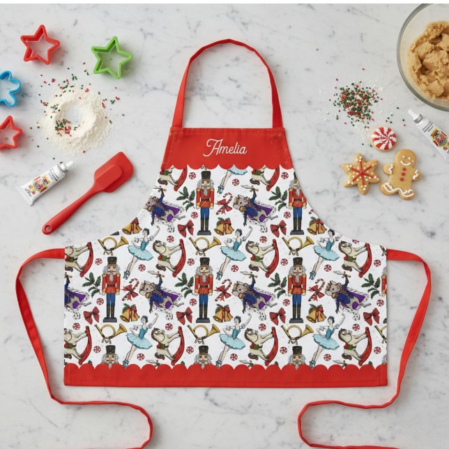 Delantal Red and White Nutcracker Ballet Kids Christmas (Cute Nutcracker Ballet Christmas Kids Baking Apron. Nutcracker, Mouse King, Ballerina Xmas Pattern )