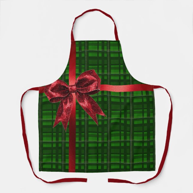 Delantal Red Bow Green Gingham Plaid Christmas Present (Anverso)