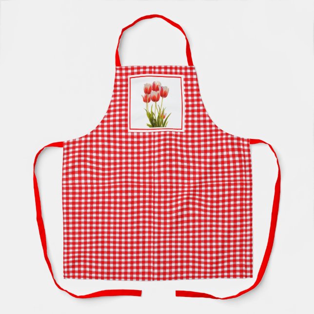 Delantal Red Gingham estilo país con tulipanes rojos (Anverso)