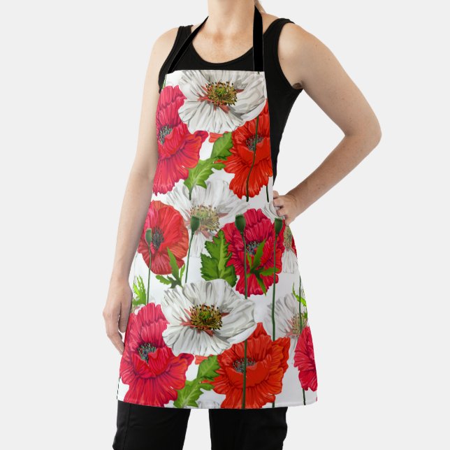 Delantal Red Poppy Bonito Moderno Floral Elegante Patrón (in situ)