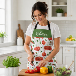 Delantal Red Poppy Watercolor Wildflower Custom Name Apron