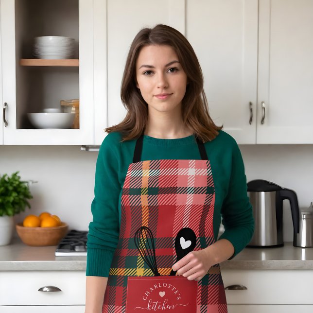 Delantal Red Tartan Plaid Faux Pocket Spoon & Whisk Apron (Red Tartan Plaid Faux Pocket Spoon & Whisk Apron)