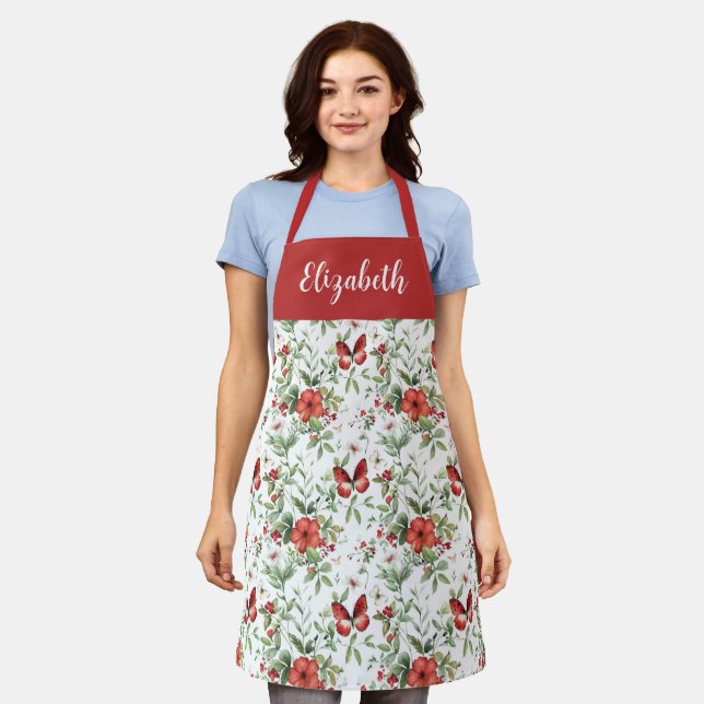 Delantal Red Watercolor Floral Custom Name (Gastado)