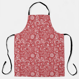 Delantal Red white batik boho style floral paisley pattern