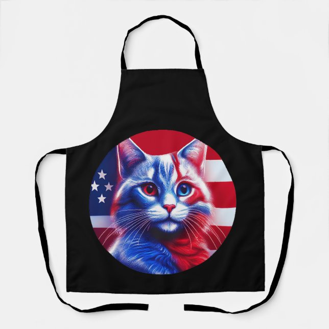 Delantal Red White & Blue Cat With American Flag Background (Anverso)