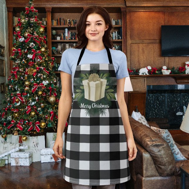 Delantal Regalo de los Navidades de Buffalo Plaid | Oro (Gold Buffalo Plaid Christmas Gift Apron)