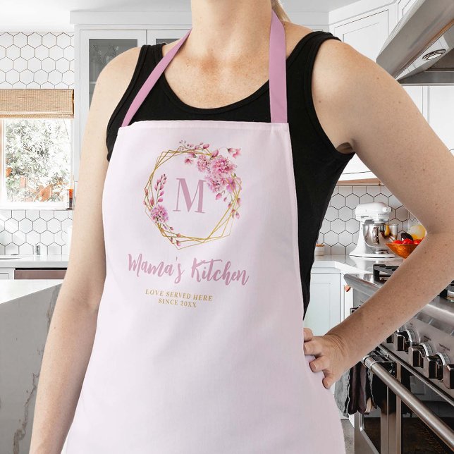 Delantal Regalo de mamá Flores salvajes rosadas agitadas Mo (pink mom apron personalized christmas gift gold geometric floral frame monogram pretty cute chic)