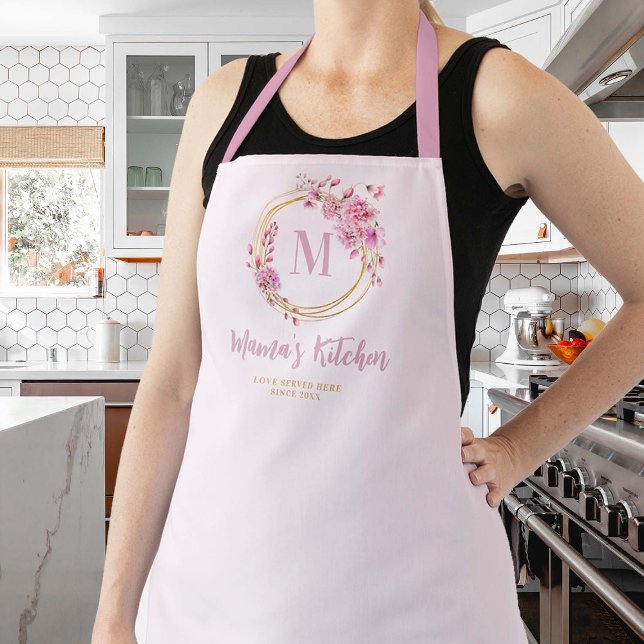 Delantal Regalo de mamá Monograma de oro rosado agitado (mom apron personalized monogram christmas gift dusty pink wildflowers gold circles frame pretty )