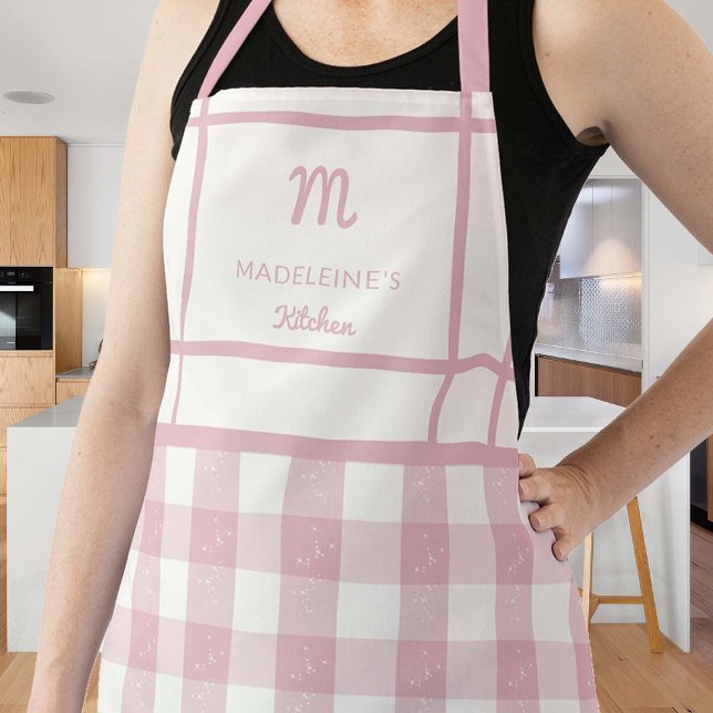 Delantal Regalo de mamá Monograma rosa de Gingham (gingham pink apron personalized gift mom grandma bride hostess thanksgiving christmas birthday chef)