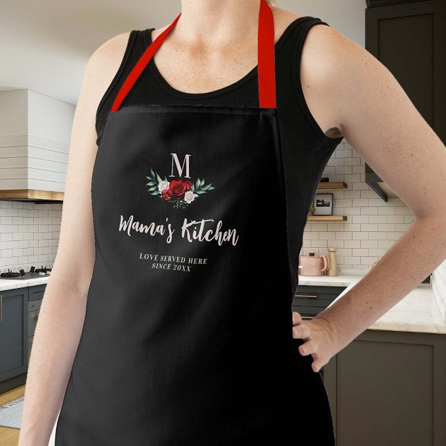 Delantal Regalo de mamá Negro Roses Roses Roses Floral Eleg (mom apron elegant personalized christmas gift monogram mamas kitchen black red roses pretty cute)