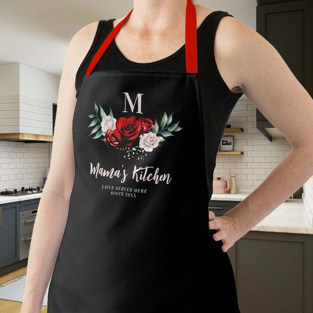 Delantal Regalo de mamá Roses Rojos negros Wreath Elegante  (mom apron personalized christmas gift monogram black red white green roses flowers elegant pretty)