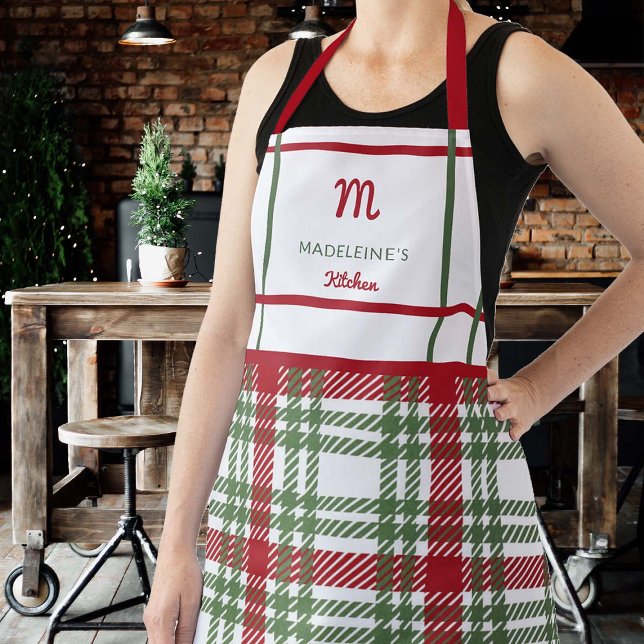 Delantal Regalo de Monograma de Navidad Verde Rojo (farmhouse personalized apron christmas gift mom grandma hostess red white green tartan plaid cottage)