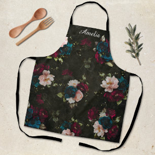 Delantal Regalo de monograma floral turquesa rojo oscuro el