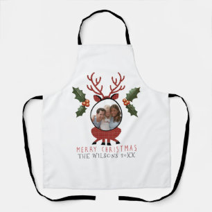 Delantal Reno de cuadros de Navidad con foto personalizada