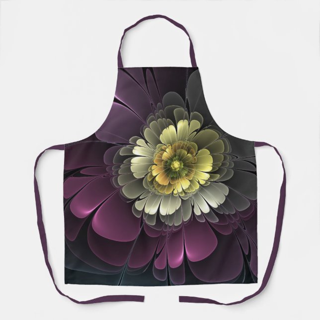 Delantal Resumen de la flor fractal gris purpur moderna (Anverso)
