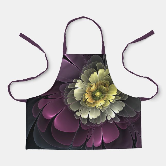 Delantal Resumen de la flor fractal gris purpur moderna (Anverso)