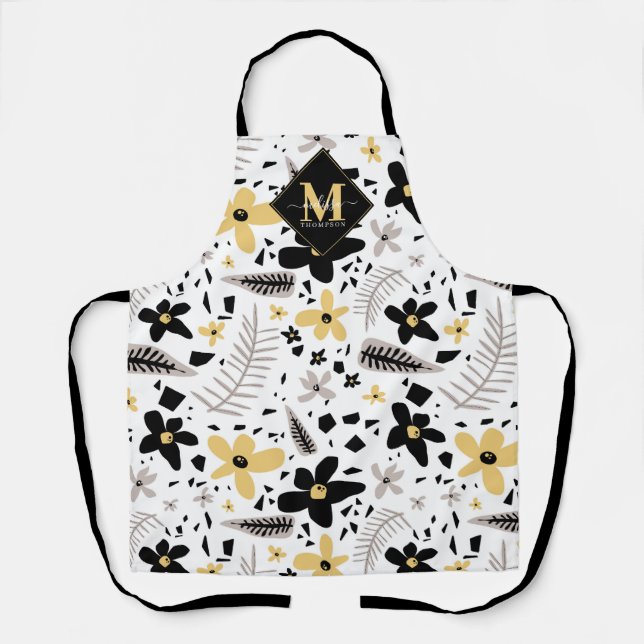 Delantal Resumen Floral gris amarillo negro monogramado (Anverso)
