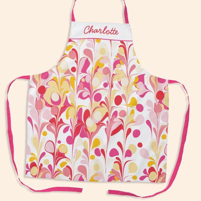 Delantal Resumen Patrón retro Pink personalizado (Retro abstract marble pattern pink yellow personalized name apron)