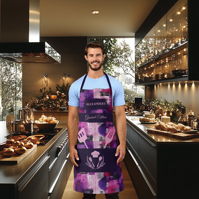 Delantal Resumen púrpura y rosa - Cocina monocroma audaz (Subido por el creador)