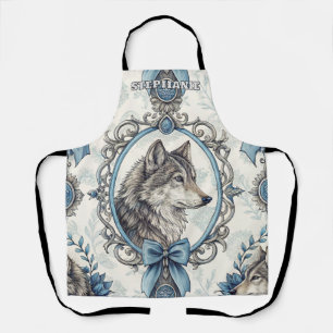 Delantal Retrato de lobo de invierno en marco azul y gris o