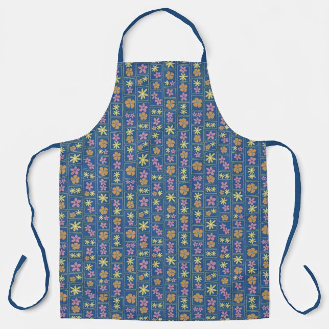 Delantal Retro Azul Patchwork Floral Grande (Anverso)